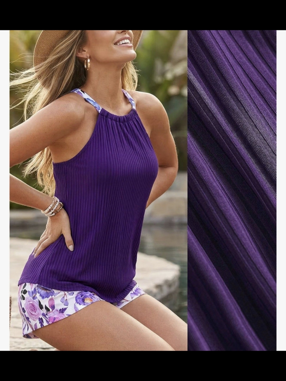 Modlily Ruched Round Neck Tankini Swimsuit with Pocket Shorts #1443 - Picture 9 of 10